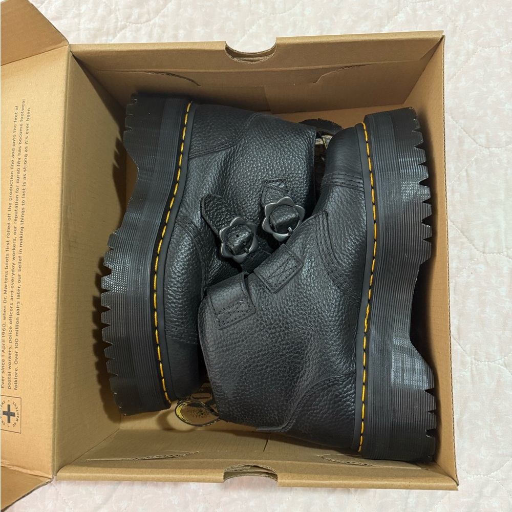 Black Leather Devon Flower Dr Martens Platform Boots